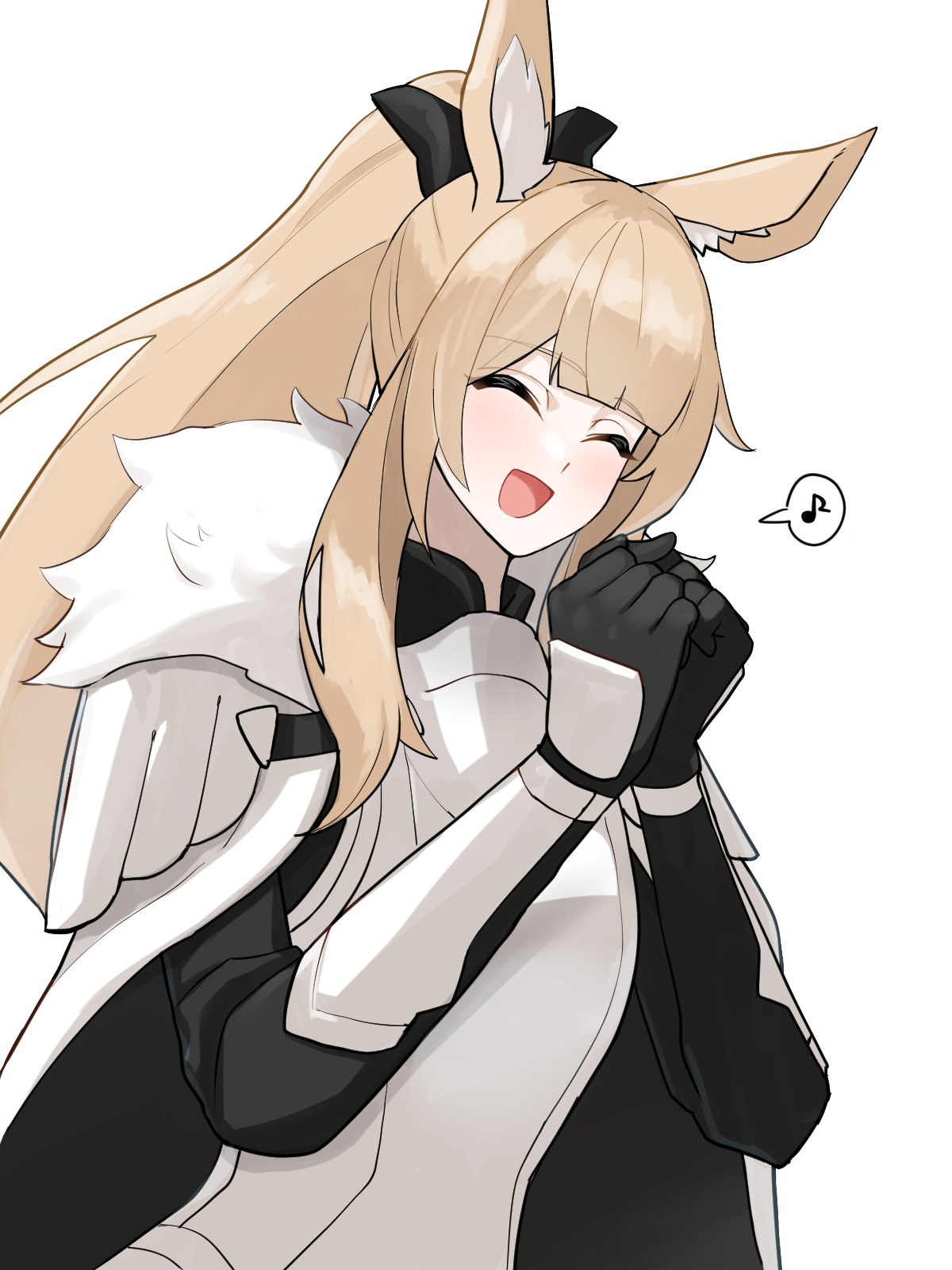 1girl :d ^_^ animal_ear_fluff animal_ears arknights armor black_bow black_gloves blemishine_(arknights) bow breastplate cape closed_eyes commentary_request eighth_note facing_viewer fur-trimmed_cape fur_trim gloves hair_bow hands_up high_ponytail highres horse_ears light_brown_hair long_hair musical_note own_hands_together ponytail sidelocks simple_background smile solo spoken_musical_note upper_body white_background white_cape yuki_nko64