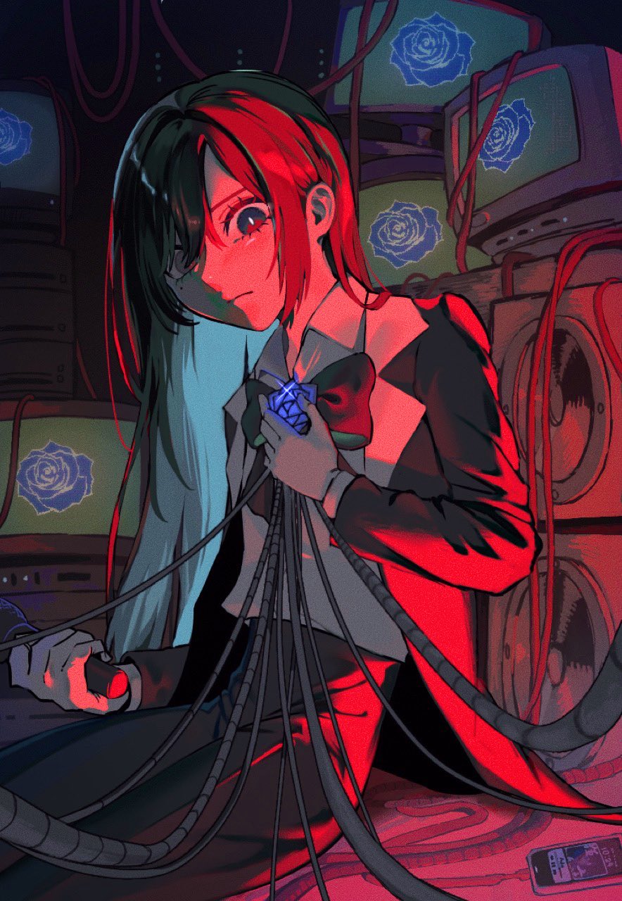 1girl ado_(utaite) black_bow black_bowtie black_coat black_hair black_pants blue_brooch blue_eyes blue_hair bow bowtie cable cellphone chando_(ado) closed_mouth cloud_nine_inc coat collared_shirt colored_inner_hair commentary_request diffraction_spikes film_grain flower_brooch gloves hair_between_eyes heterochromia highres holding holding_microphone long_hair long_sleeves looking_at_viewer microphone mole mole_under_eye multicolored_hair nikoneko_(nikoneko_12) open_clothes open_coat pants phone shirt sidelocks sitting smartphone solo sparkle speaker television two-tone_hair utaite white_gloves white_shirt