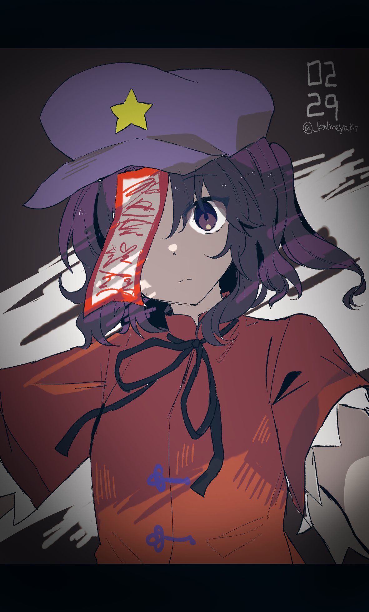 1girl black_ribbon breasts cabbie_hat chinese_clothes closed_mouth commentary_request dated expressionless grey_background hair_between_eyes hat hat_ornament highres kalmeyaki letterboxed looking_at_viewer medium_bangs miyako_yoshika neck_ribbon one_eye_covered purple_hair purple_headwear red_shirt ribbon shirt short_hair short_sleeves small_breasts solo star_(symbol) star_hat_ornament tangzhuang touhou upper_body violet_eyes