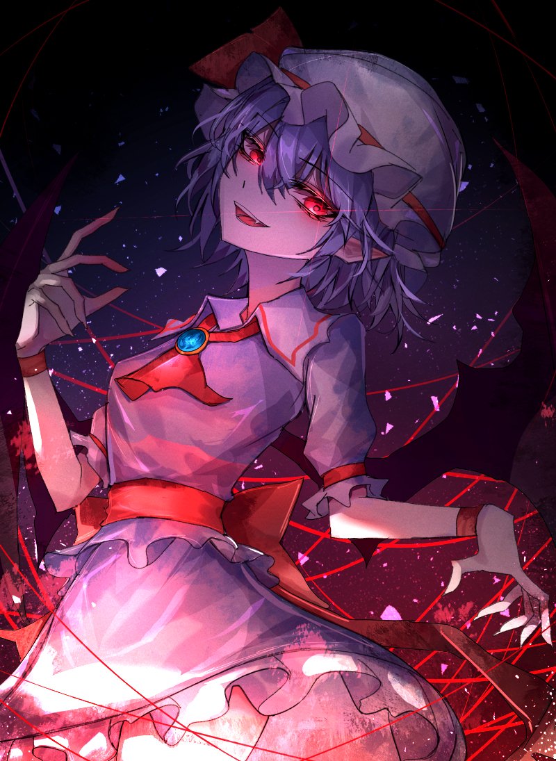 1girl 33_gaff ascot black_background commentary hat looking_at_viewer mob_cap open_mouth pointy_ears purple_hair red_ascot red_eyes remilia_scarlet shirt short_hair short_sleeves skirt solo touhou white_headwear white_shirt white_skirt