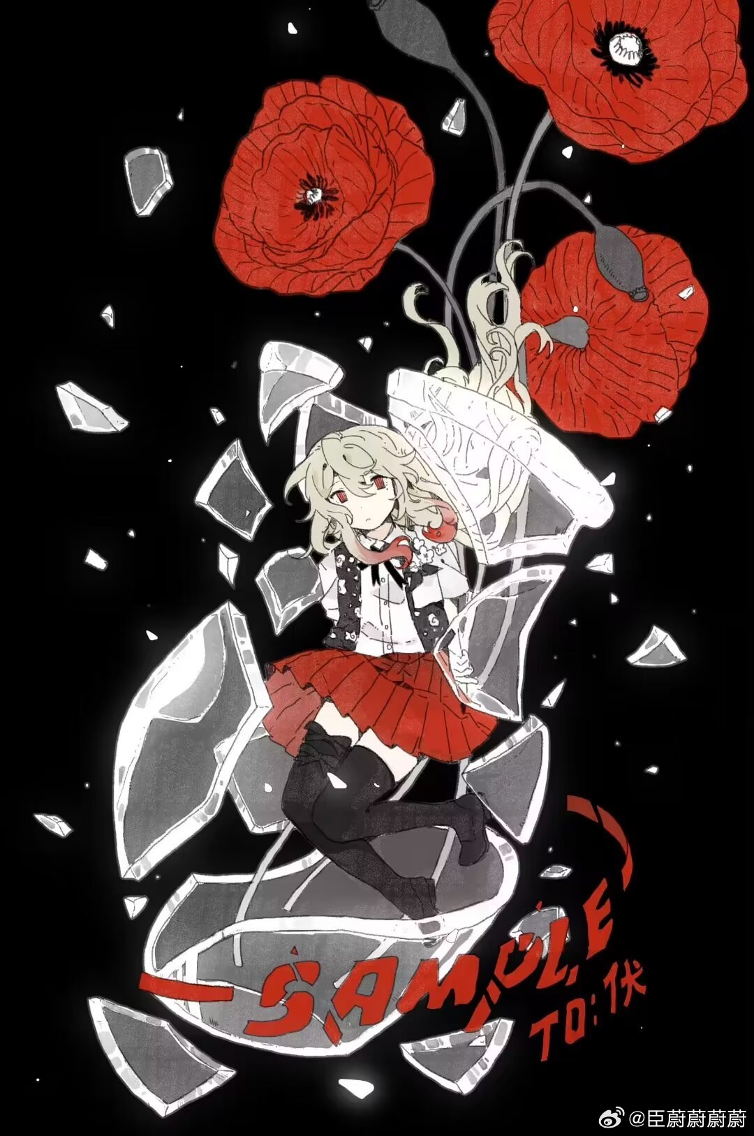 1girl black_background black_thighhighs blonde_hair broken_vase chenweiweiweiwei chinese_commentary closed_mouth commission english_text expressionless floating flower full_body glass_shards grey_vest hair_between_eyes highres light_particles long_hair looking_at_viewer no_pupils no_shoes original pleated_skirt poppy_(flower) red_eyes red_flower red_skirt sample_watermark shirt short_sleeves skirt solo thigh-highs vase vest watermark weibo_logo weibo_username white_shirt zettai_ryouiki