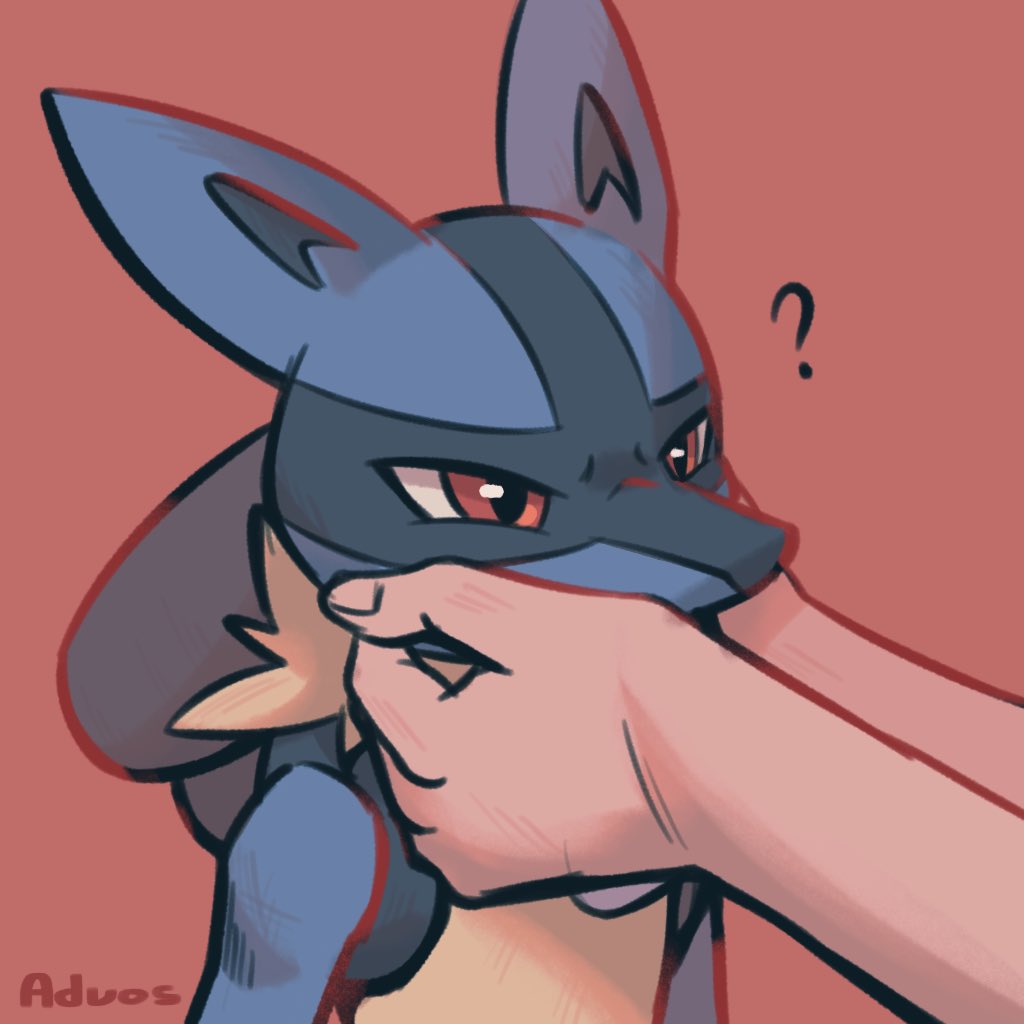 1boy 1other ? advos artist_name bare_shoulders blue_skin body_fur brown_fur colored_skin furry furry_male hands_on_another's_cheeks hands_on_another's_face lucario pokemon pokemon_(creature) red_background red_eyes simple_background