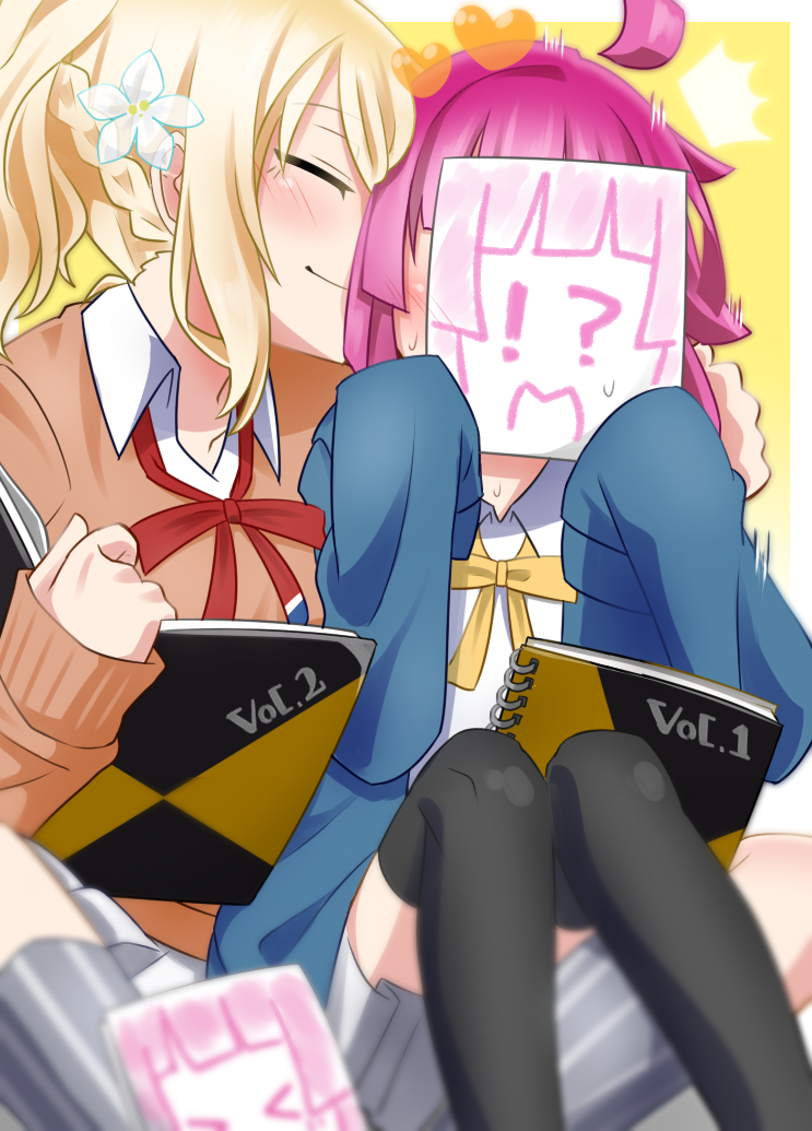 !? 2girls ahoge black_thighhighs blonde_hair blunt_bangs brown_cardigan cardigan closed_eyes closed_mouth collarbone collared_shirt commentary_request flower hair_flower hair_ornament heart holding holding_sketchbook kiss kissing_cheek long_sleeves love_live! love_live!_nijigasaki_high_school_idol_club miyashita_ai motion_lines multiple_girls neck_ribbon nijigasaki_academy_school_uniform pleated_skirt ponytail red_ribbon ribbon school_uniform shirt sidelocks sketchbook skirt sleeves_past_fingers sleeves_past_wrists sweat tennoji_rina tetetsu_(yuns4877) thigh-highs upper_body white_shirt white_skirt winter_uniform yellow_ribbon yuri