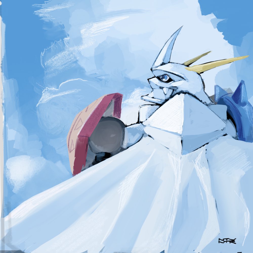 armor artist_logo blue_eyes cape clouds digimon digimon_(creature) english_commentary from_behind horns looking_to_the_side notaventura omegamon shield shoulder_armor spikes upper_body white_cape