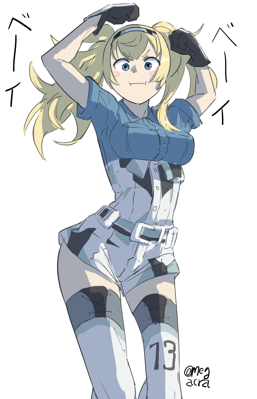 1girl arms_up blonde_hair blue_eyes blue_shirt breast_pocket breasts clenched_hands feet_out_of_frame gambier_bay_(kancolle) hairband highres kantai_collection large_breasts long_hair megakura_kinshi multicolored_clothes multicolored_hairband one-hour_drawing_challenge pocket pout shirt shorts simple_background solo thigh-highs twintails twitter_username white_background white_shorts white_thighhighs