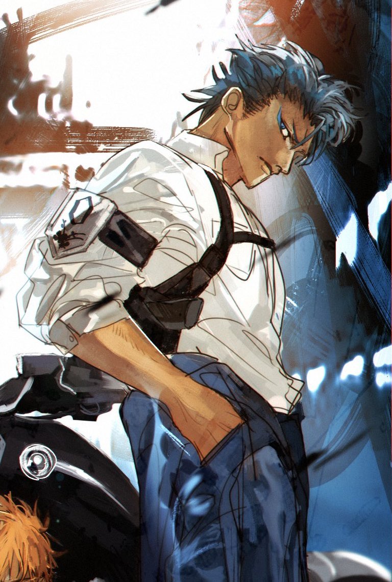 2boys akahata armband bleach blue_eyes blue_hair blue_pants breast_pocket closed_mouth from_side grimmjow_jaegerjaquez hand_in_pocket hands_in_pockets holster kurosaki_ichigo male_focus multiple_boys out_of_frame pants pocket police police_uniform shirt short_hair sleeves_past_elbows solo_focus uniform white_shirt