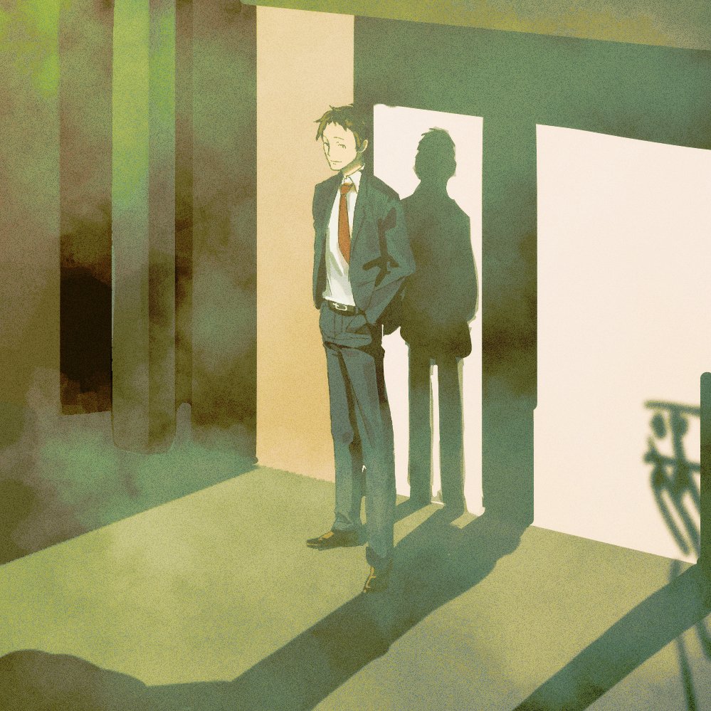 1boy adachi_tooru black_hair black_jacket black_pants black_suit collared_shirt fog full_body hand_in_pocket jacket long_sleeves looking_at_viewer male_focus necktie obobkkp outdoors pants persona persona_4 red_necktie shadow shirt shoes short_hair smile solo standing suit white_shirt