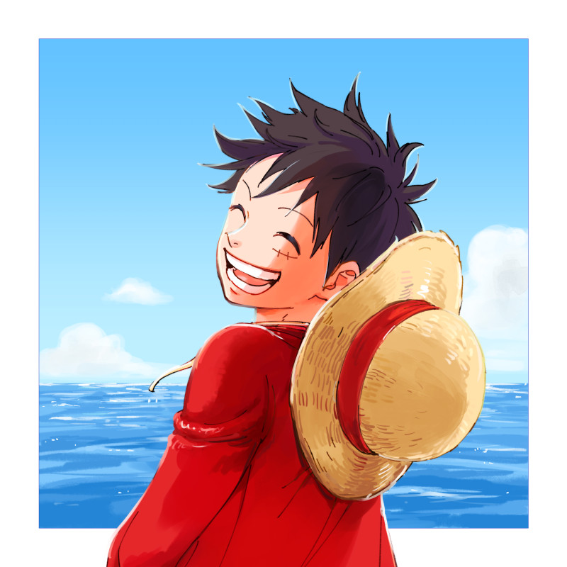 1boy ^_^ back black_hair closed_eyes commentary happy hat male_focus mo01234ri monkey_d._luffy ocean one_piece scar scar_on_face short_hair sky smile solo straw_hat symbol-only_commentary