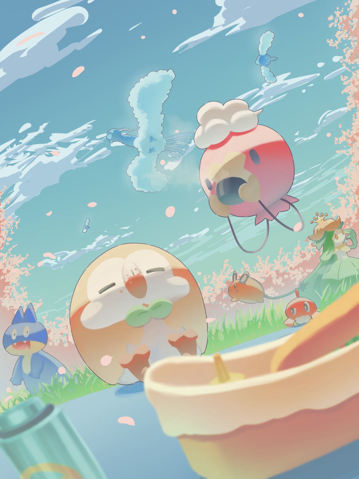 altaria blurry blurry_foreground closed_eyes clouds commentary_request cup day dedenne drifloon drinking eating falling_petals food food_on_face grass highres holding holding_cup lilligant mokukitusui munchlax no_humans outdoors petals pokemon pokemon_(creature) rowlet sitting sky swablu tatsugiri
