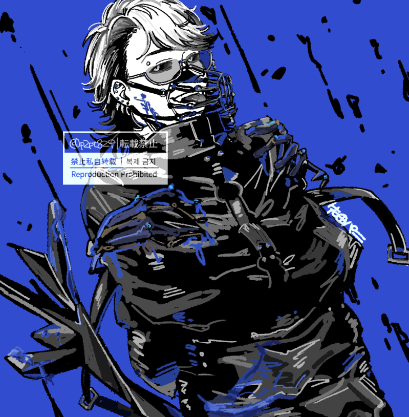 1boy :d blue_background fangs glasses greyscale_with_colored_background looking_at_viewer male_focus muzzle pavia_(reverse:1999) reverse:1999 sakita_pani short_hair smile straitjacket swept_bangs teeth tongue tongue_out upper_body upper_teeth_only watermark