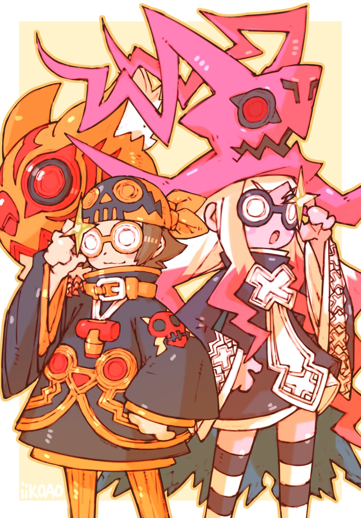 2girls alba_(dmfd) bandana black_dress black_thighhighs blush_stickers brown_hair dragon:_marked_for_death dress extra_mouth glasses hat highres iikoao long_sleeves multicolored_hair multicolored_thighhighs multiple_girls orange_bandana pink_hair skull_print sparkling_eyes striped_clothes striped_thighhighs thigh-highs white_hair white_thighhighs witch witch_(dmfd) witch_hat