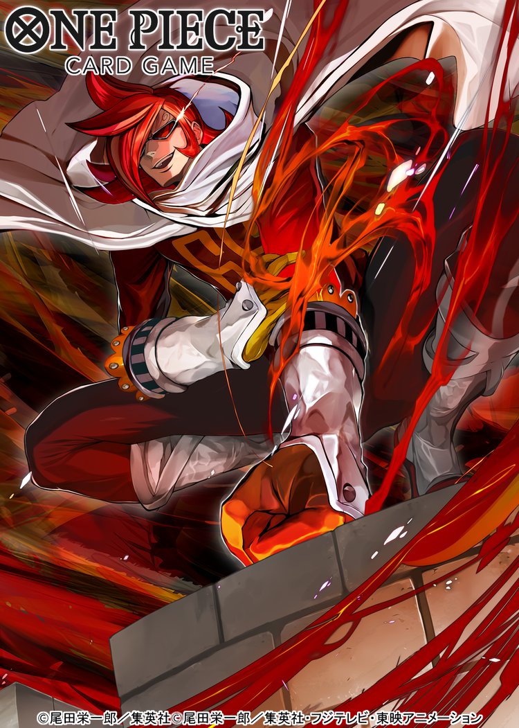 1boy bodysuit cape clenched_hand copyright_name curly_eyebrows english_text fire gauntlets hair_over_one_eye hand_on_own_arm male_focus medium_hair numbered official_art one_piece open_mouth red_bodysuit redhead ryudaman smile squatting sunglasses teeth upper_teeth_only vinsmoke_ichiji white_cape