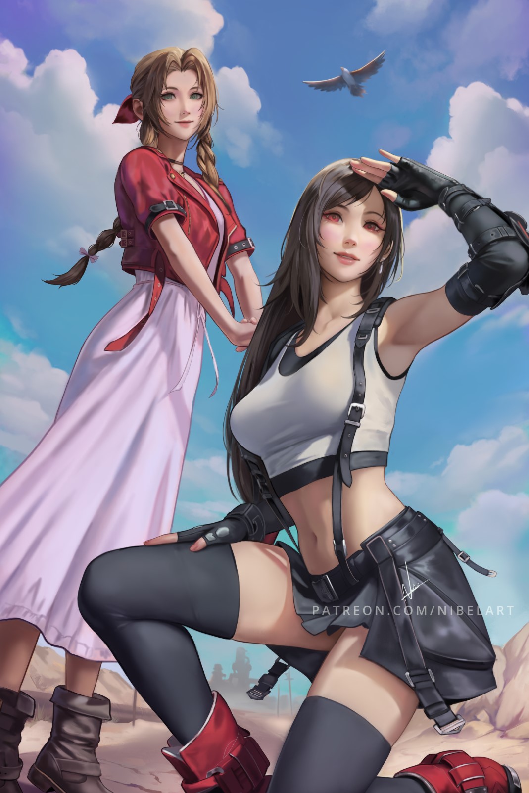 2girls aerith_gainsborough armpits bird black_bra black_choker black_gloves black_hair black_skirt black_thighhighs boots bra braid braided_ponytail breasts brown_footwear choker closed_mouth clouds cloudy_sky crop_top cropped_jacket dangle_earrings dress earrings elbow_gloves elbow_pads final_fantasy final_fantasy_vii final_fantasy_vii_rebirth final_fantasy_vii_remake fingerless_gloves foot_out_of_frame gloves green_eyes hair_ribbon highres jacket jewelry long_dress long_hair looking_at_viewer low-tied_long_hair medium_breasts midriff miniskirt multiple_girls navel nibelart on_one_knee outdoors own_hands_together parted_bangs parted_lips patreon_username pink_dress pink_ribbon red_eyes red_footwear red_jacket ribbon shading_eyes shirt short_sleeves sidelocks single_braid single_elbow_pad skirt sky sleeveless smile sports_bra standing suspenders swept_bangs thigh-highs tifa_lockhart underwear v_arms white_shirt zettai_ryouiki