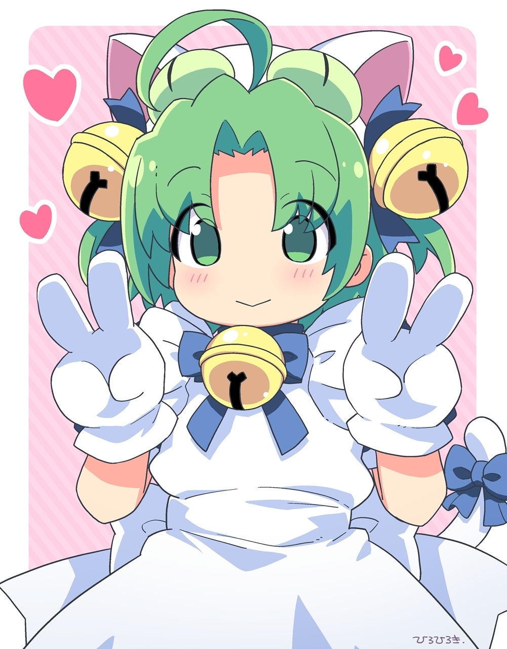 1girl ahoge animal_ears animal_hat apron bell blue_bow blue_dress blush bow cat_ears cat_hat cat_tail closed_mouth dejiko di_gi_charat double_v dress fake_animal_ears frilled_apron frills gloves green_eyes green_hair hair_bell hair_ornament hands_up hat heart highres hiro_hiroki jingle_bell looking_at_viewer multicolored_hair neck_bell parted_bangs puffy_short_sleeves puffy_sleeves short_sleeves smile solo striped_background tail tail_bow tail_ornament two-tone_hair v white_apron white_gloves