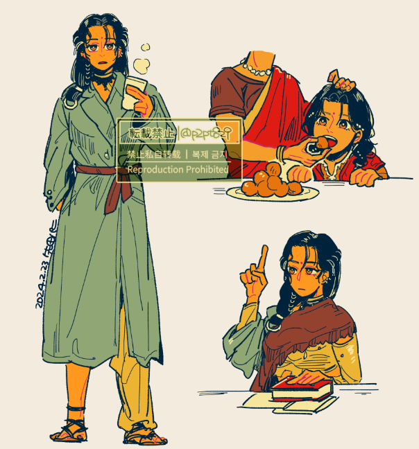 2girls aged_down artist_name asymmetrical_clothes black_hair blue_coat book closed_mouth coat cup dark-skinned_female dark_skin dated feeding food full_body hair_over_shoulder hand_up holding holding_cup holding_food index_finger_raised indian_clothes kaalaa_baunaa long_hair looking_at_viewer multiple_girls multiple_views open_mouth pants parted_lips reverse:1999 sakita_pani sari signature single_pantsleg standing upper_body violet_eyes watermark white_background yoga_pants
