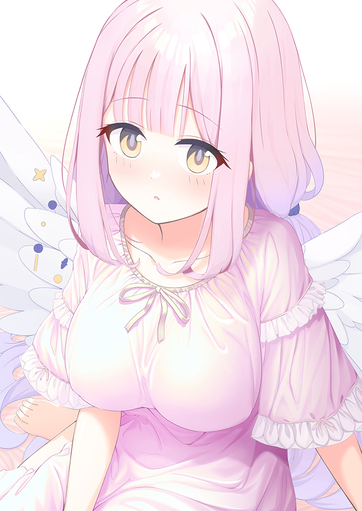 1girl barefoot bed_sheet blue_archive blush breasts brown_eyes collarbone commentary_request dress feathered_wings frilled_sleeves frills large_breasts long_hair looking_at_viewer mika_(blue_archive) o_(rakkasei) parted_lips pink_dress pink_hair short_sleeves sitting solo very_long_hair white_background white_wings wings