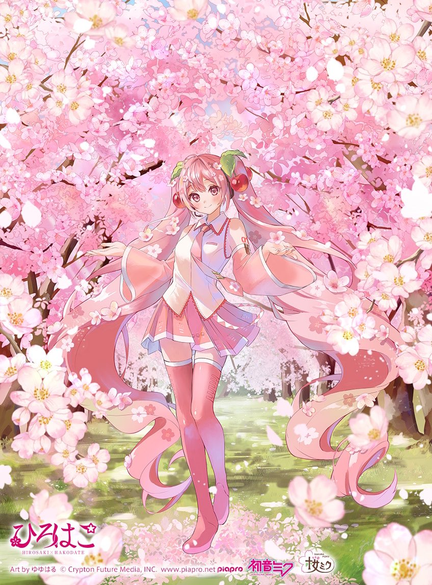 1girl bare_shoulders blush cherry_blossoms cherry_hair_ornament closed_mouth collared_shirt day detached_sleeves food-themed_hair_ornament forest frilled_shirt frills full_body grass hair_between_eyes hair_ornament hatsune_miku landscape long_hair long_sleeves looking_at_viewer miniskirt nature necktie official_art outdoors pink_eyes pink_hair pink_necktie pink_skirt pink_sleeves pink_theme pink_thighhighs pleated_skirt sakura_miku scenery shirt skirt sleeveless sleeveless_shirt smile solo thigh-highs tree twintails very_long_hair vocaloid white_shirt yuyuharu_1027 zettai_ryouiki