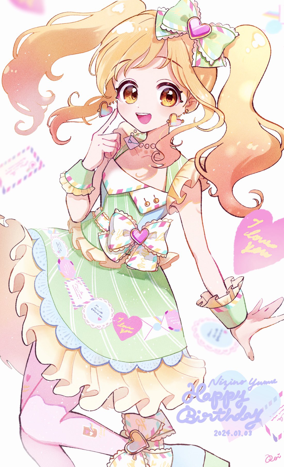 1girl aikatsu!_(series) aikatsu_stars! ankle_bow bare_legs blonde_hair bow character_name commentary dated dot_nose dress dress_bow earrings finger_to_cheek frilled_dress frills gradient_hair green_dress hair_bow hand_up happy_birthday hashtag_only_commentary heart heart_earrings highres jewelry long_hair looking_at_viewer medium_dress multicolored_hair necklace nijino_yume open_mouth orange_eyes pink_hair roi signature sleeveless sleeveless_dress solo standing standing_on_one_leg symbol-only_commentary teeth twintails two-tone_hair upper_teeth_only white_background wrist_cuffs