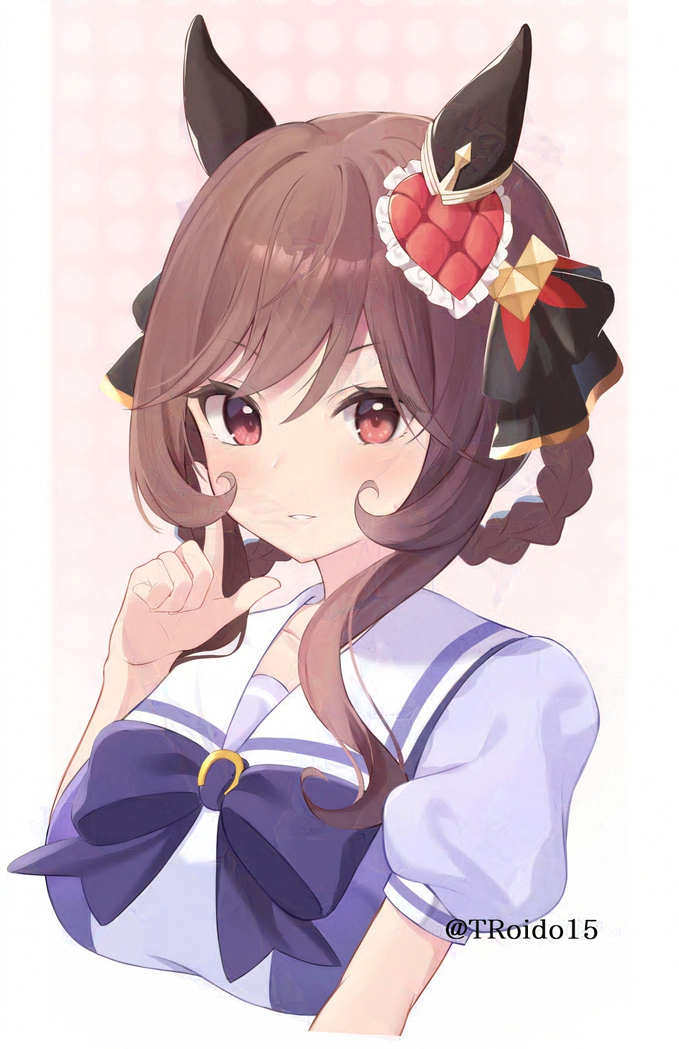1girl animal_ears blue_bow blue_shirt blush bow braid breasts brown_hair commentary_request cropped_torso gentildonna_(umamusume) glaze_artifacts hair_between_eyes hair_ornament hair_rings hand_up heart heart_hair_ornament highres horse_ears looking_at_viewer medium_breasts parted_lips pink_background polka_dot polka_dot_background puffy_short_sleeves puffy_sleeves red_eyes roido_(taniko-t-1218) shirt short_sleeves smile solo twitter_username umamusume upper_body