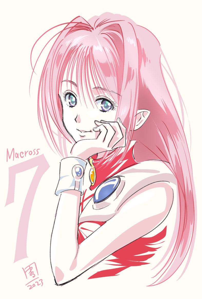 1girl blue_eyes copyright_name dated hand_on_own_chin long_hair looking_at_viewer macross macross_7 marufuji_hirotaka mylene_jenius parted_lips pink_hair simple_background sleeveless solo upper_body white_background white_wristband