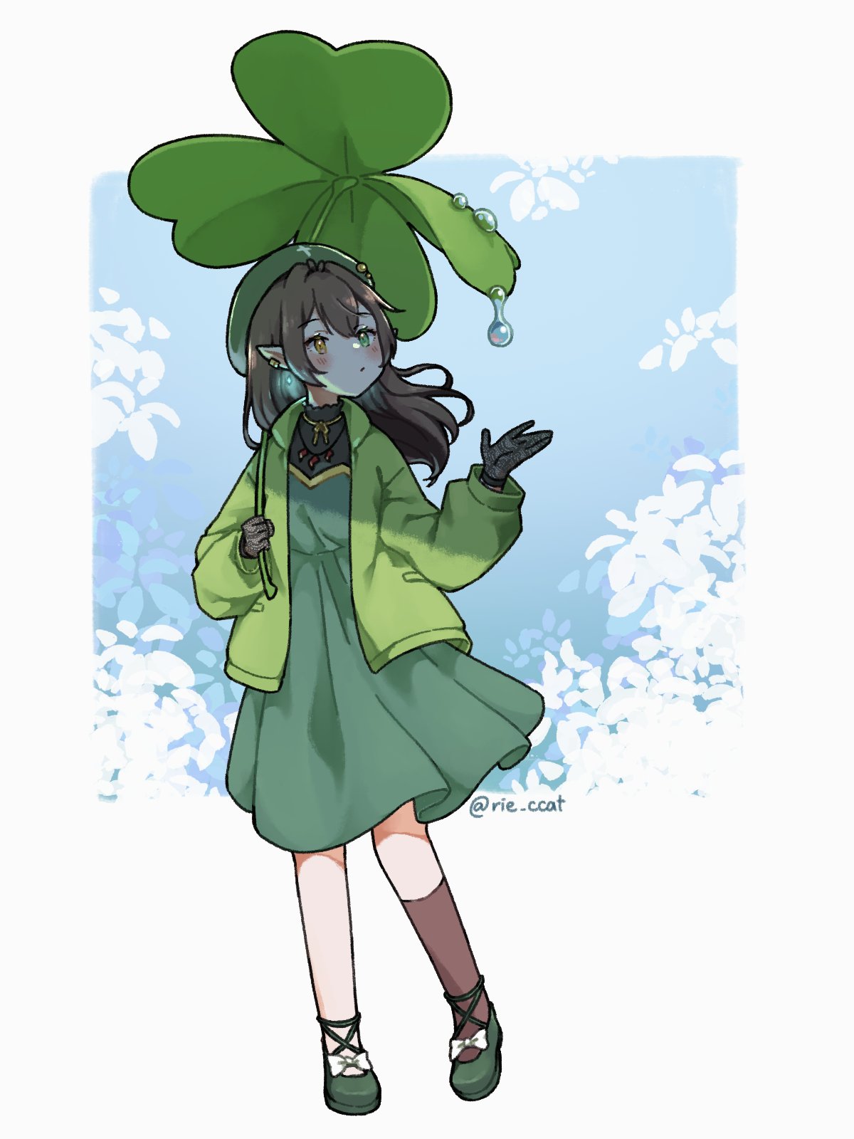 bow bowtie brown_hair clover dress four-leaf_clover gloves green_dress green_footwear green_jacket highres hojo_studio holding holding_umbrella jacket leaf_umbrella long_hair looking_to_the_side monochrome pointy_ears rie_ccat shoes sim_chan umbrella virtual_youtuber water_drop white_bow white_bowtie