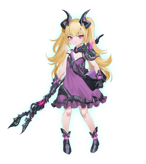 1girl bare_arms bare_shoulders black_footwear blonde_hair boots commentary dot_nose dress footwear full_body game_cg gloves holding holding_weapon horns knees little_witch_nobeta long_hair looking_at_viewer nobeta non-web_source official_art purple_dress shoes simple_background solo spaghetti_strap standing transparent_background twintails violet_eyes weapon