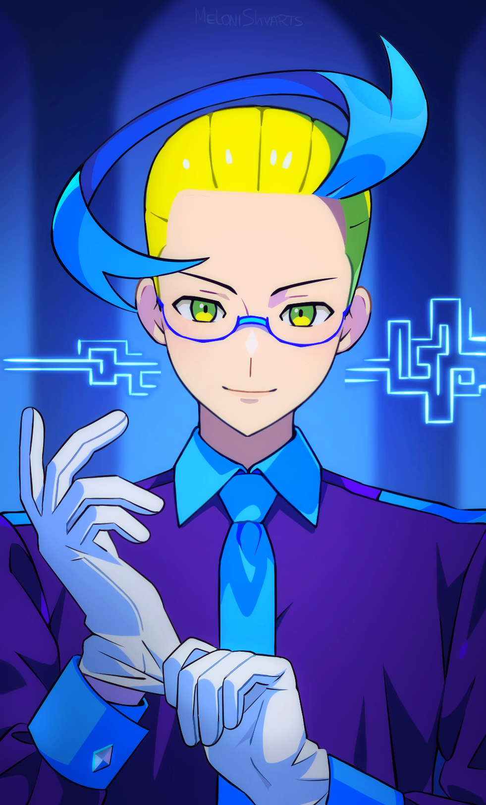 1boy adjusting_clothes adjusting_gloves blonde_hair blue_background blue_hair colress_(pokemon) glasses gloves highres looking_at_viewer male_focus meloni_shvarts multicolored_hair necktie pokemon pokemon_bw2 solo straight-on two-tone_hair upper_body yellow_eyes