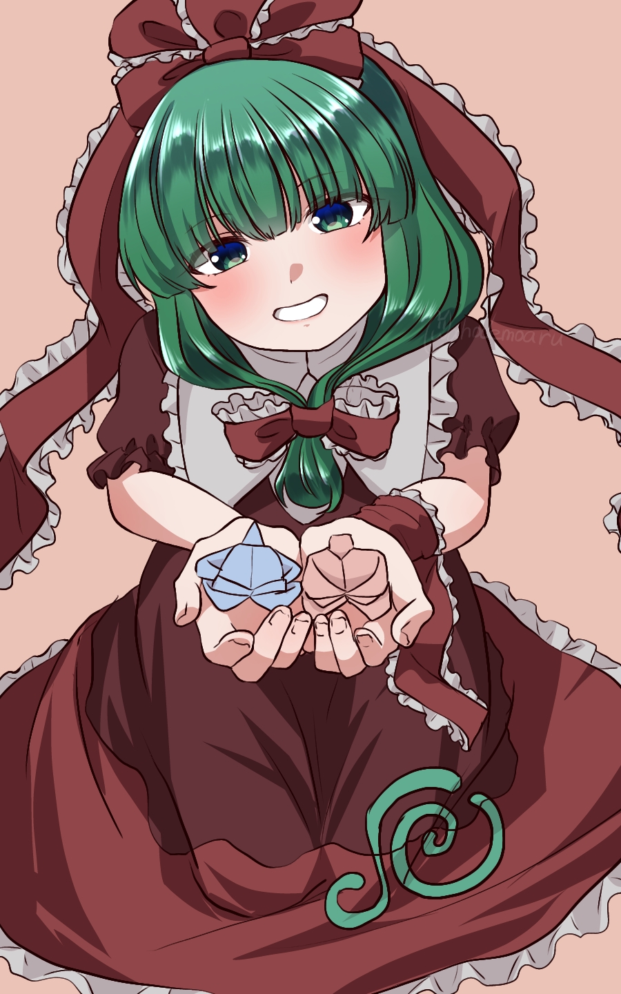 1girl ahodemoaru arm_ribbon bow dress frilled_bow frilled_ribbon frills front_ponytail green_eyes green_hair highres holding kagiyama_hina looking_at_viewer one-hour_drawing_challenge red_bow red_dress red_ribbon ribbon smile solo touhou