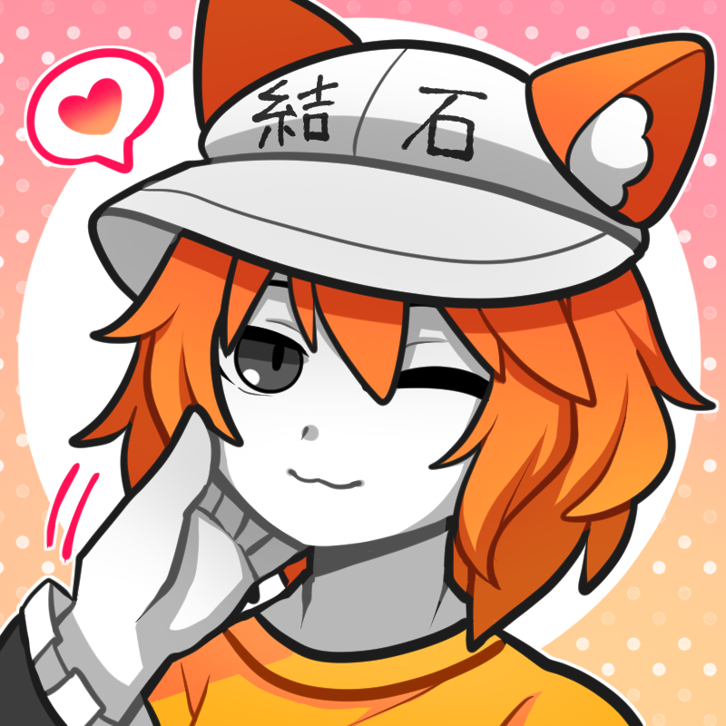 1jumangoku 2others ;3 androgynous animal_ear_fluff animal_ears black_eyes black_sleeves cabbie_hat cat_ears circle closed_mouth colored_skin commentary dated_commentary frilled_sleeves frills gradient_background hand_on_another's_cheek hand_on_another's_face hat heart len'en lin_(len'en) long_sleeves looking_ahead motion_lines multiple_others one_eye_closed other_focus outline petting pink_background polka_dot polka_dot_background portrait rei_(len'en) shirt simple_background smile solo_focus spoken_heart white_headwear white_outline white_skin yellow_background yellow_shirt