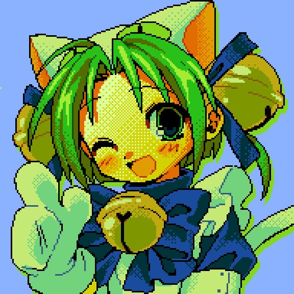 1girl :d animal_ears animal_hands animal_hat apron bell blue_background blue_bow blue_bowtie blue_dress blue_ribbon blush bow bowtie cat_ears cat_hat cat_tail dejiko di_gi_charat dress drop_shadow eye_on_hat frilled_apron frills gloves green_eyes green_hair hair_bell hair_ornament hair_ribbon hat maid menma_(enaic31) one_eye_closed open_mouth parted_bangs paw_gloves pixel_art pointing ribbon short_hair smile solo tail upper_body white_apron white_headwear white_tail