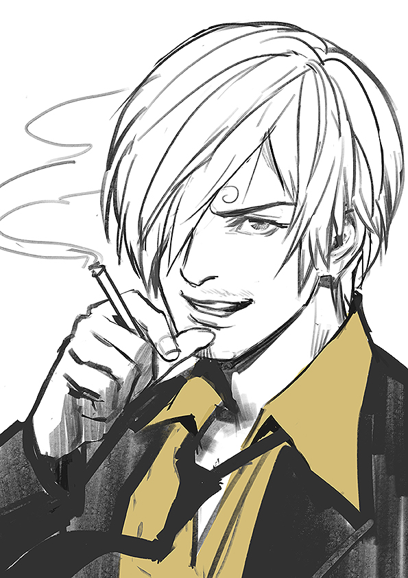 1boy black_jacket black_necktie cigarette collared_shirt curly_eyebrows facial_hair formal grin hair_over_one_eye holding holding_cigarette jacket kdash long_sleeves looking_at_viewer male_focus necktie one_piece sanji_(one_piece) shirt short_hair simple_background sketch smile smoke smoking solo teeth white_background yellow_shirt