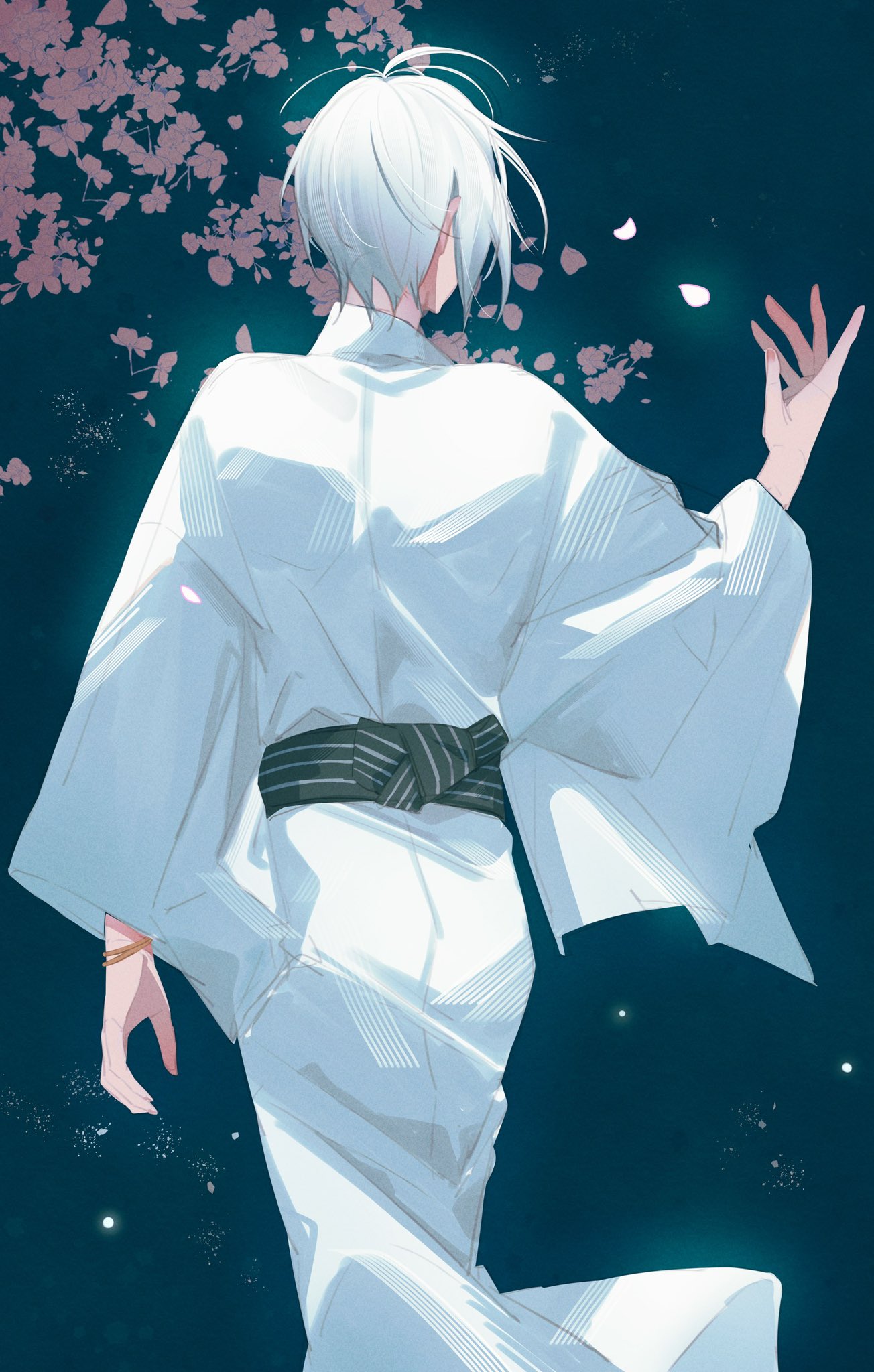 1boy bracelet cherry_blossoms comacomavlog falling_petals from_behind gegege_no_kitarou glowing hand_up highres japanese_clothes jewelry kimono kitarou_tanjou:_gegege_no_nazo looking_at_flowers male_focus medama_oyaji_(human) petals short_hair solo standing tree white_hair