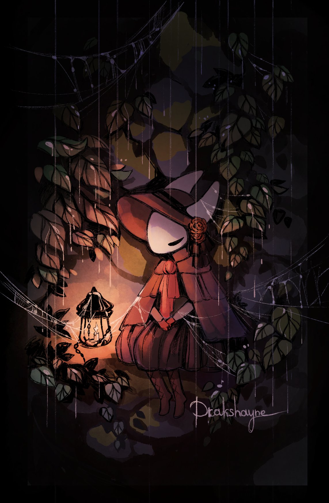 1girl artist_name black_border bloodborne bonnet boots border brown_cloak brown_footwear cloak commentary cosplay drakshayne english_commentary highres hollow_knight hollow_knight:_silksong hornet_(hollow_knight) horns lamp leaf light outside_border plain_doll plain_doll_(cosplay) red_hood twitter_username