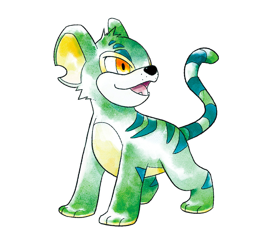 animal_focus commentary english_commentary erkshnrt fangs green_fur kougra looking_to_the_side neopets no_humans open_mouth orange_eyes parody pokemon simple_background smile solo standing striped_fur style_parody sugimori_ken_(style) tiger white_background