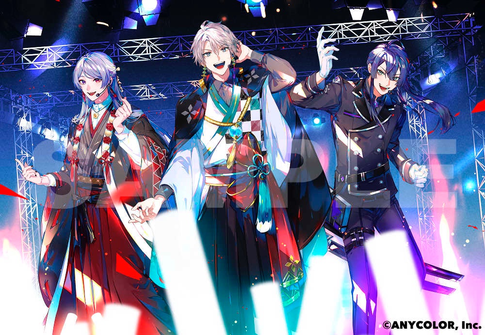 3boys :d belt black_belt black_hakama black_jacket black_nails black_pants black_sash blue_eyes blue_hair blunt_ends buttons checkered_clothes checkered_kimono collared_shirt concert confetti copyright_notice dark_blue_hair double-breasted dress_shirt earrings feet_out_of_frame finger_heart flower_knot genzuki_toujirou gloves glowstick grey_hair grey_kimono hair_between_eyes hair_ornament hakama half_updo hand_up haori headpiece heterochromia idol jacket jacket_on_shoulders japanese_clothes jewelry kaida_haru katana kimono lapels layered_sleeves long_hair long_sleeves looking_at_viewer male_focus mismatched_earrings multiple_boys nagao_kei nail_polish necklace nijisanji notched_lapels official_art pants ponytail purple_hair red_eyes red_hakama red_sash sample_watermark sash sheath sheathed shirt short_hair smile stage stage_lights standing striped_clothes striped_kimono swept_bangs sword tassel tassel_earrings teeth thigh_strap truss upper_teeth_only v-shaped_eyebrows valz violet_eyes virtual_youtuber watermark weapon white_gloves white_shirt wide_sleeves yuuichi_(bobobo)