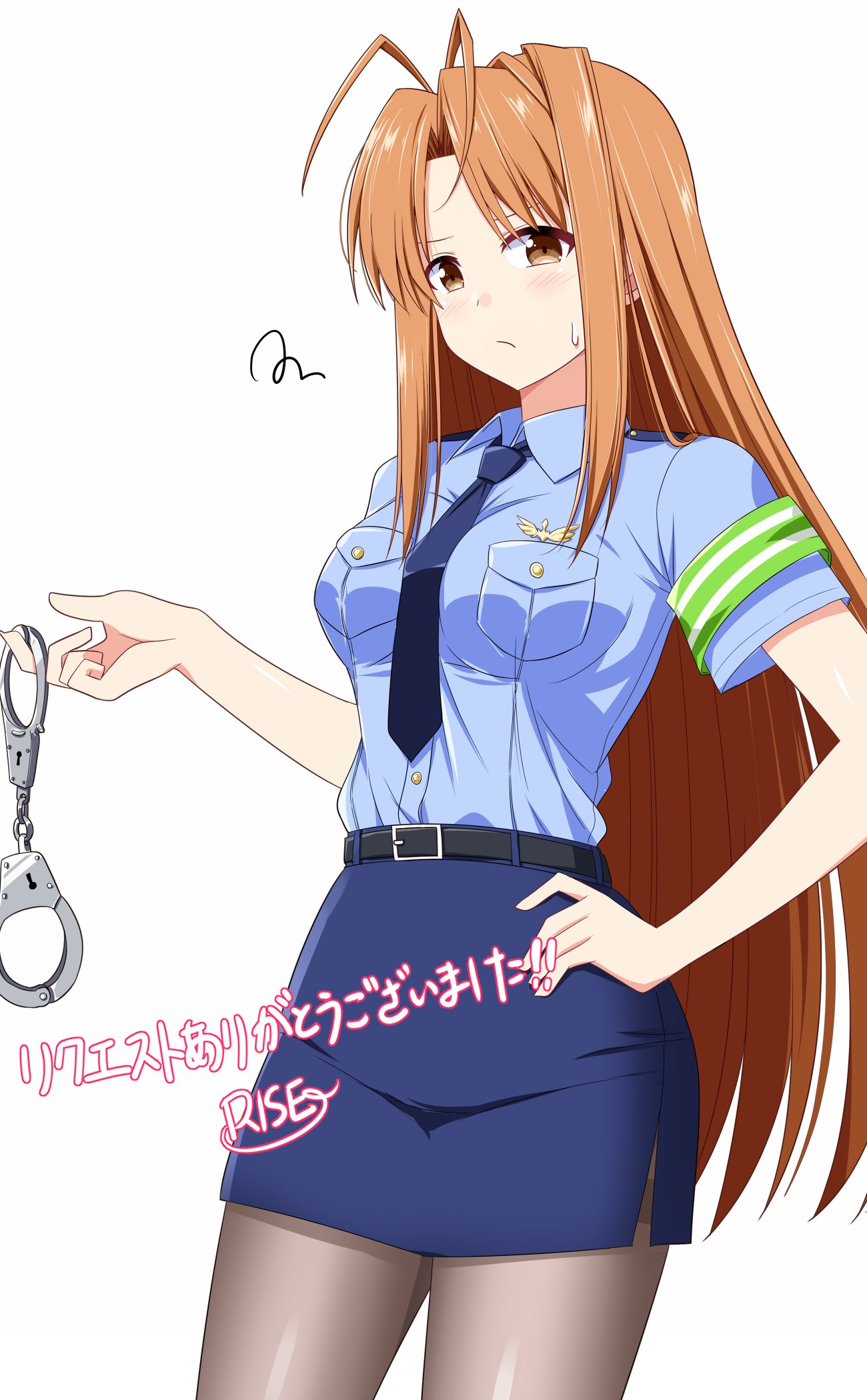 1girl antenna_hair armband artist_name belt belt_buckle between_breasts black_belt blue_necktie blue_shirt blue_skirt blush breast_pocket breasts brown_eyes buckle buttons closed_mouth collared_shirt commentary_request commission cowboy_shot cuffs dress_shirt green_armband grey_pantyhose hand_on_own_hip handcuffs highres holding holding_handcuffs long_hair looking_at_viewer love_hina medium_breasts miniskirt narusegawa_naru necktie necktie_between_breasts orange_hair pantyhose pencil_skirt pocket police police_uniform policewoman rise_(rise19851203) shirt shirt_tucked_in short_sleeves signature simple_background skeb_commission skirt solo squiggle standing sweatdrop thank_you uniform white_background