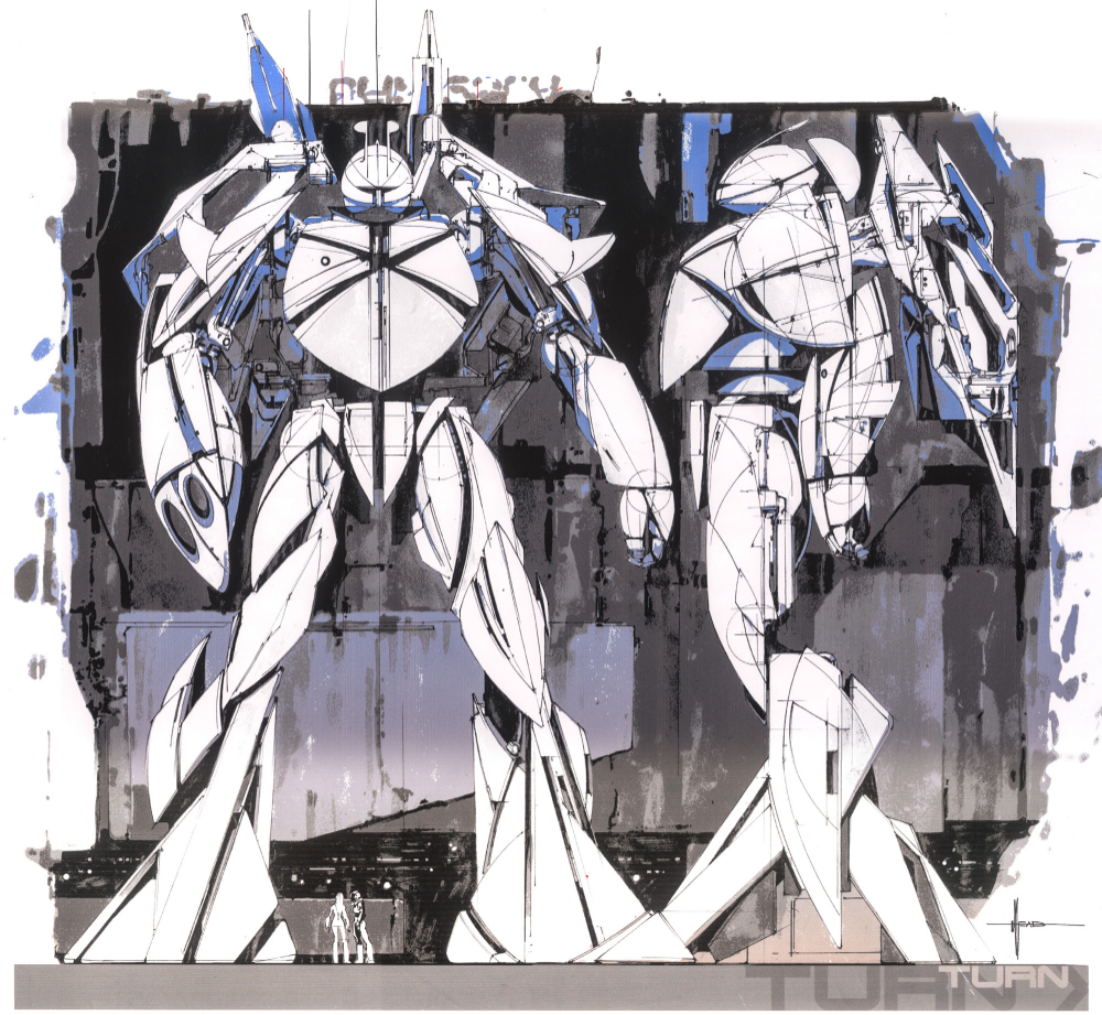1990s_(style) from_side gundam hangar helmet loran_cehack marker_(medium) mecha multiple_views official_art pilot pilot_suit production_art reference_sheet retro_artstyle robot scan science_fiction size_difference sketch spacesuit syd_mead traditional_media turn_a_gundam turn_x