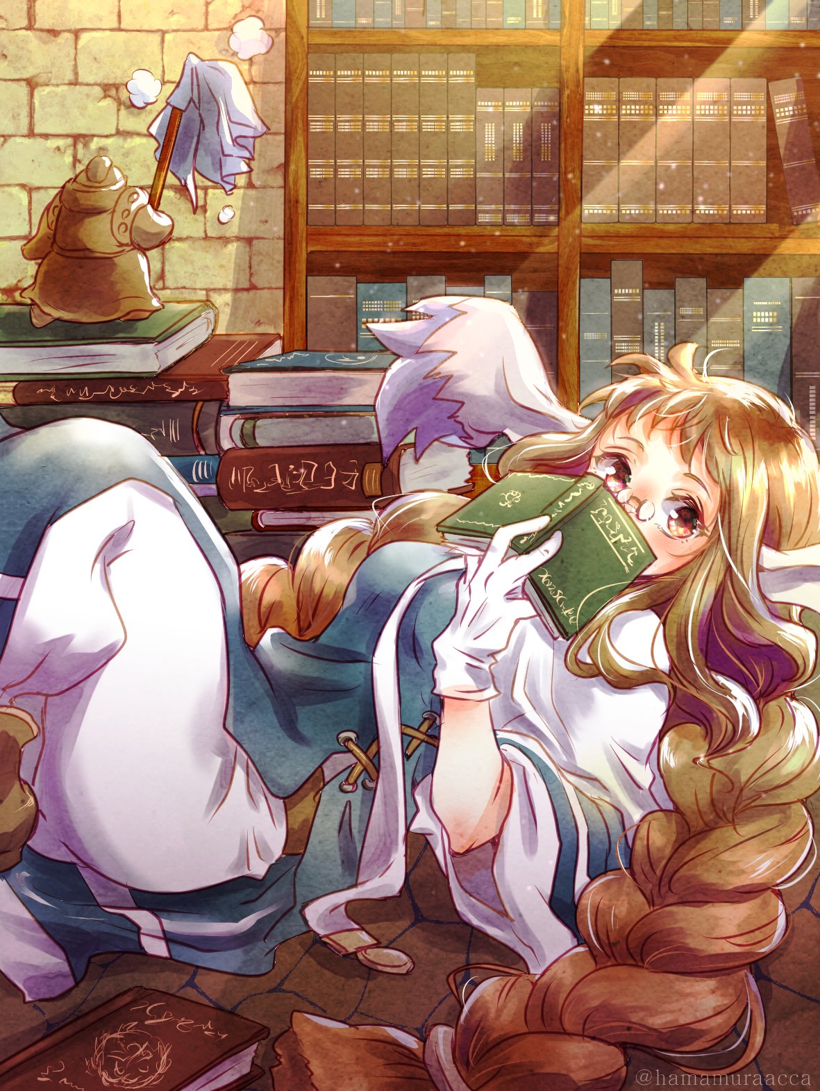 1girl 1other animal_ears blue_robe book book_stack bookshelf braid breath_of_fire breath_of_fire_iii covering_own_mouth duster glasses gloves hamamuraacca highres holding holding_book holding_duster honey_(breath_of_fire) long_hair looking_at_viewer lying momo_(breath_of_fire) on_back pince-nez red_eyes redhead robe twin_braids white_gloves