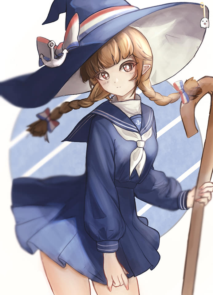 1girl anchor_hat_ornament blue_bow blue_headwear blue_sailor_collar blue_serafuku blue_skirt blunt_bangs bow braid bright_pupils brown_eyes brown_hair closed_mouth expressionless funamusea ghost_hat_ornament hair_bow hat hat_bow hat_ornament holding holding_staff long_hair multicolored_bow neckerchief oounabara_to_wadanohara pleated_skirt pointy_ears red_bow sailor_collar school_uniform serafuku shiwarami skirt solo staff twin_braids wadanohara white_bow white_neckerchief white_pupils witch witch_hat
