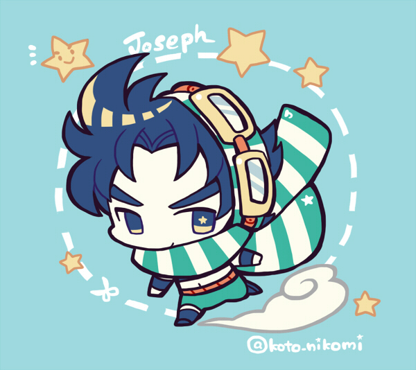 1boy blue_background blue_hair blue_shirt blue_wristband character_name chibi chibi_only clouds dotted_line full_body goggles green_pants jojo_no_kimyou_na_bouken joseph_joestar joseph_joestar_(young) kotorai limited_palette male_focus midriff no_nose pants scarf shirt short_hair solo striped_clothes striped_scarf twitter_username v-shaped_eyebrows