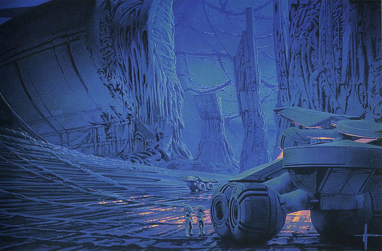 2others blue_theme concept_art helmet motor_vehicle multiple_others ruins scenery science_fiction signature spacesuit syd_mead third-party_source traditional_media truck yamato2520