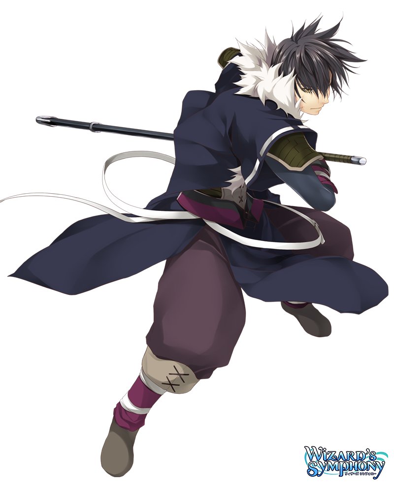 1boy armor atelier-moo black_hair closed_mouth copyright_name curtained_hair drawing_sword full_body hair_between_eyes holding holding_sword holding_weapon japanese_clothes katana kurenai_shisui logo long_sleeves short_hair shoulder_armor solo standing sword weapon wizards_symphony yellow_eyes