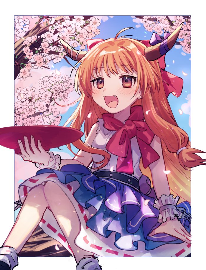 1girl :d blush border bow breasts brown_horns cherry_blossoms commentary_request cup fang feet_out_of_frame hair_bow holding holding_cup hololive horn_bow horn_ornament horns ibuki_suika long_hair medium_bangs open_mouth orange_eyes orange_hair outside_border purple_bow purple_skirt red_bow red_scarf ribbon-trimmed_skirt ribbon_trim sakazuki scarf shirt sitting skirt sleeveless sleeveless_shirt small_breasts smile solo very_long_hair white_border white_shirt wrist_cuffs xox_xxxxxx