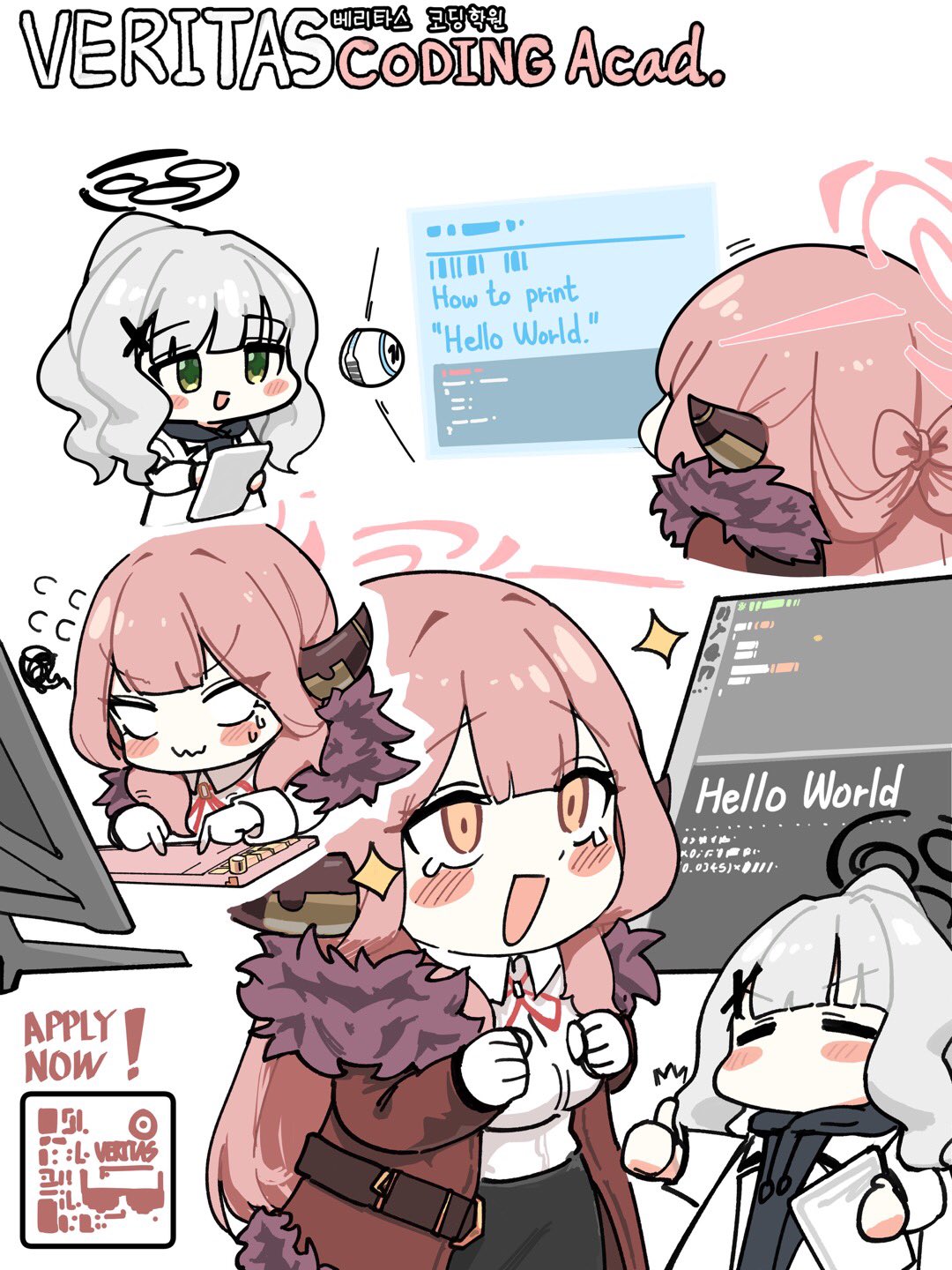 2girls =_= aru_(blue_archive) blue_archive blush blush_stickers clenched_hands demon_horns drone eggrice_v english_text flying_sweatdrops grey_hair halo hare_(blue_archive) highres hologram horns korean_commentary korean_text monitor multiple_girls multiple_views pink_hair programming_(topic) shirt smile squiggle tears thumbs_up typing white_shirt