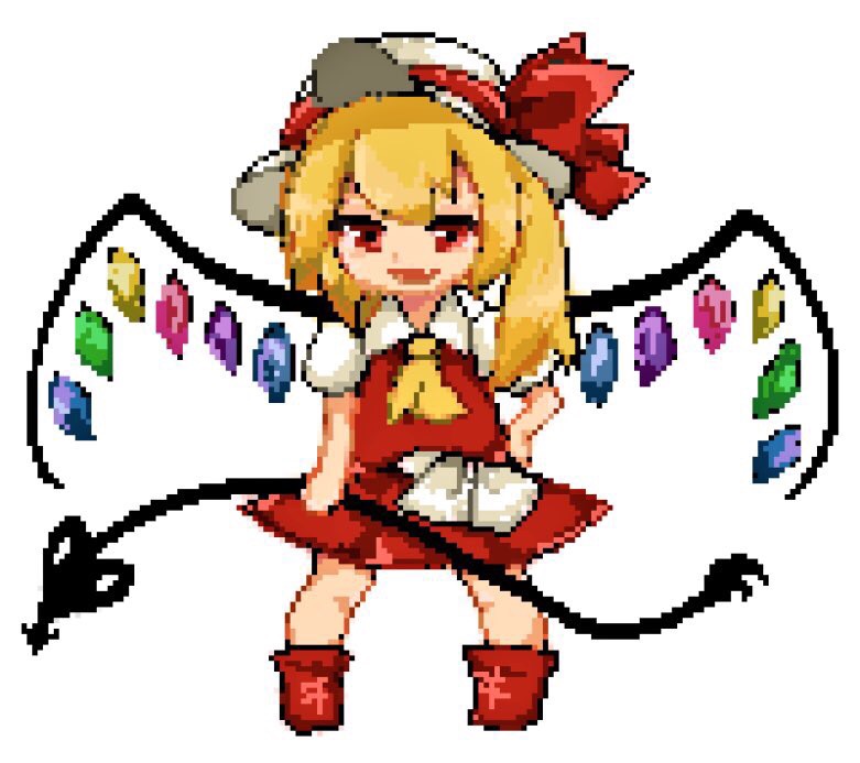 1girl ascot blonde_hair chibi collared_shirt doryata fang flandre_scarlet full_body hat hat_ribbon holding holding_polearm holding_weapon laevatein_(touhou) looking_at_viewer medium_hair mob_cap multicolored_wings one_side_up open_mouth pixel_art polearm puffy_short_sleeves puffy_sleeves red_eyes red_footwear red_ribbon red_skirt red_vest ribbon shirt short_sleeves simple_background skin_fang skirt solo touhou vest weapon white_background white_headwear wings yellow_ascot