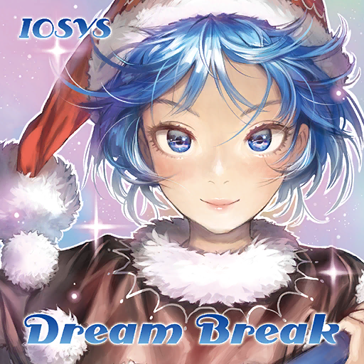 1girl album_cover black_dress blue_eyes blue_hair book circle_name close-up cover doremy_sweet dress english_text fur_collar game_cg hat iosys matsuda_(matsukichi) nightcap official_art pom_pom_(clothes) red_headwear short_hair smile solo sparkle_background touhou touhou_cannonball upper_body very_short_hair