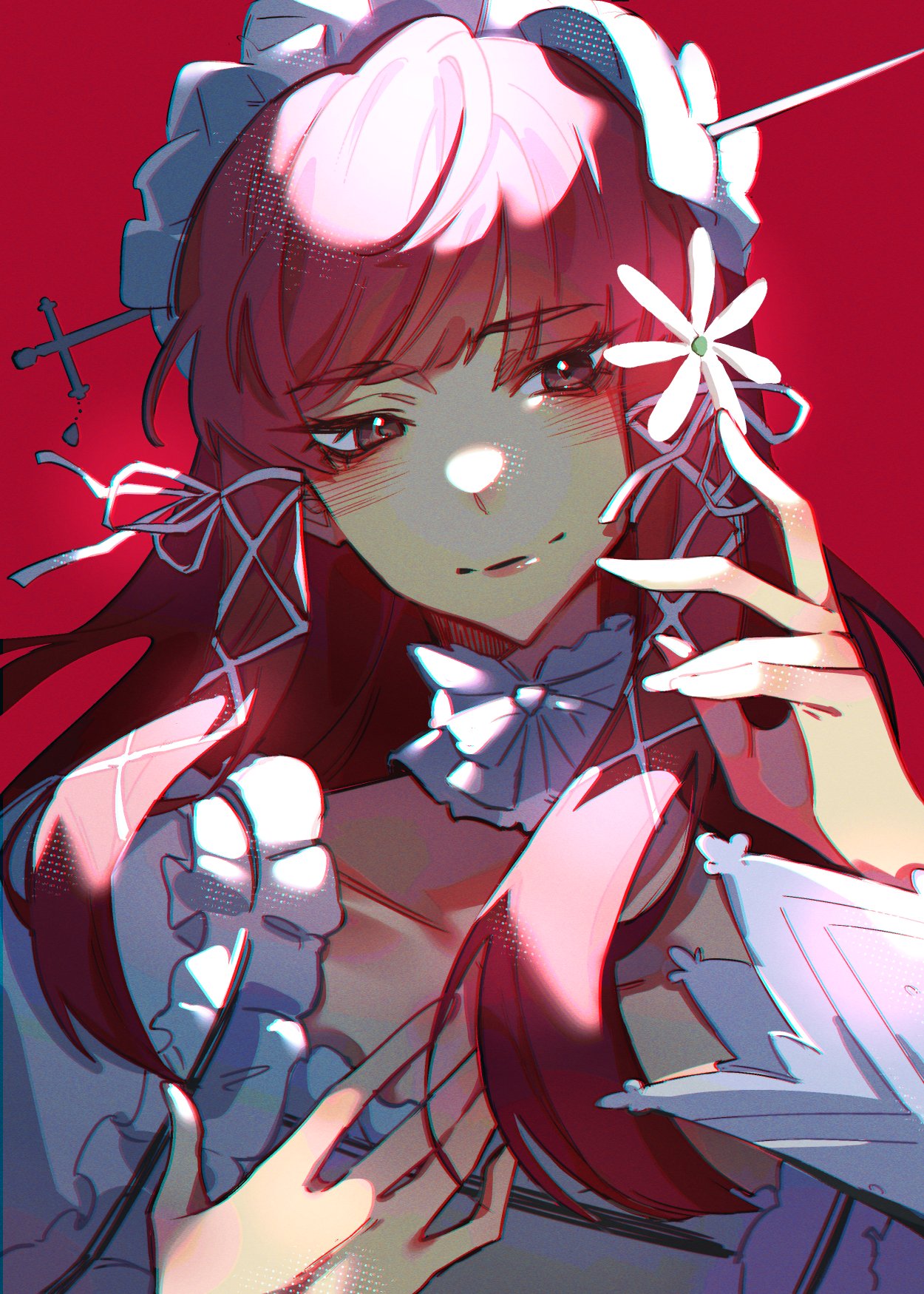 1girl blunt_bangs blush closed_mouth collar collarbone detached_collar dress emi_star flower frilled_collar frilled_hairband frills hair_flower hair_ornament hair_ribbon hairband hand_up highres light_smile long_hair long_sleeves persona persona_3 redhead ribbon sidelocks solo upper_body white_dress white_hairband white_ribbon yoshino_chidori