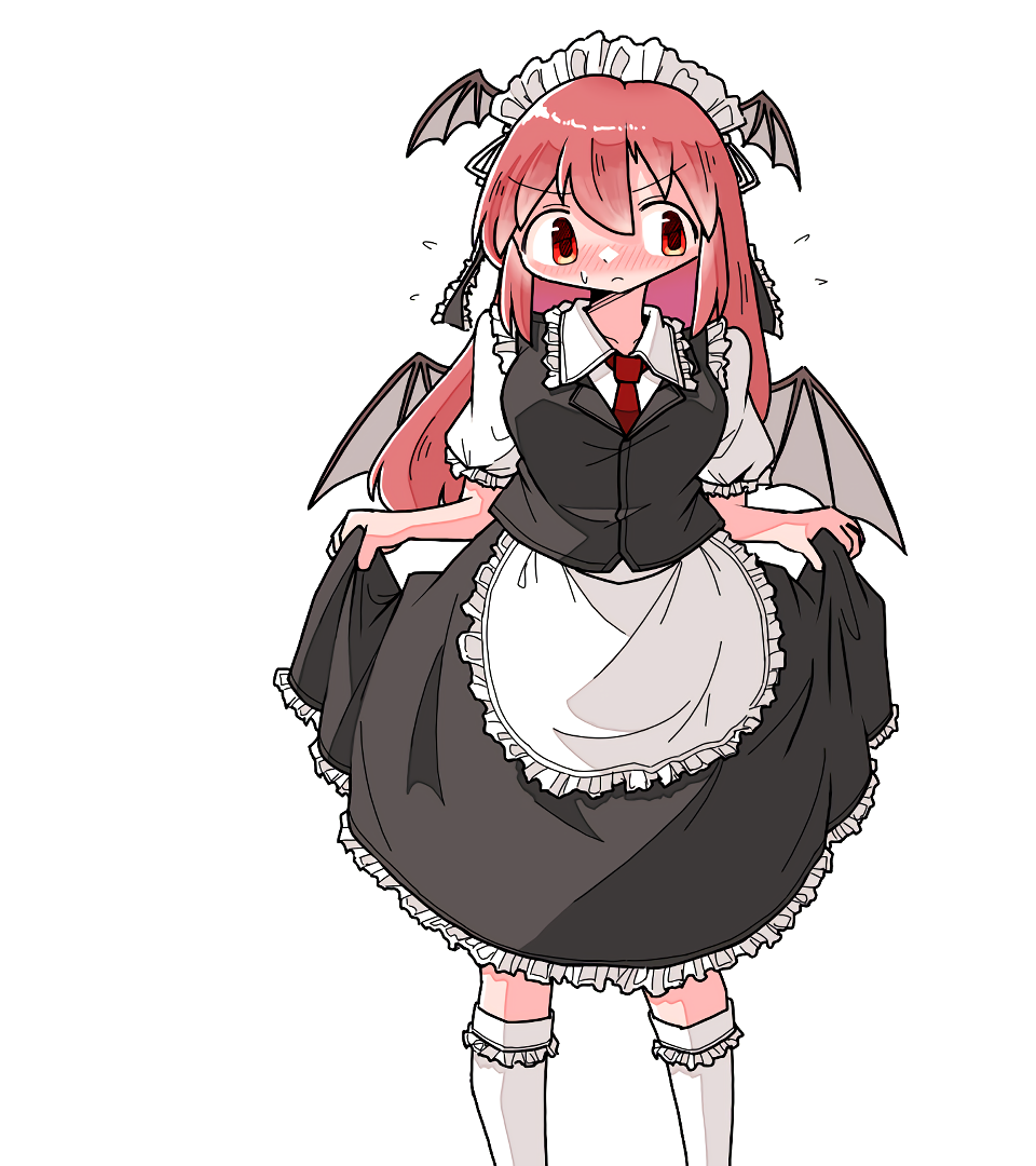 1girl adapted_costume alternate_costume apron bat_wings black_vest blush collared_shirt commentary_request cowboy_shot curtsey dot_nose enmaided flying_sweatdrops frilled_apron frilled_ribbon frilled_shirt frilled_skirt frilled_socks frills frown hair_between_eyes hair_ribbon head_wings kasuya_baian kneehighs koakuma long_hair looking_to_the_side maid maid_apron maid_headdress necktie nose_blush puffy_short_sleeves puffy_sleeves red_eyes red_necktie redhead ribbon shirt short_sleeves sidelocks simple_background skirt socks standing standing_on_one_leg touhou v-shaped_eyebrows vest waist_apron white_background white_socks wide_face wings zettai_ryouiki