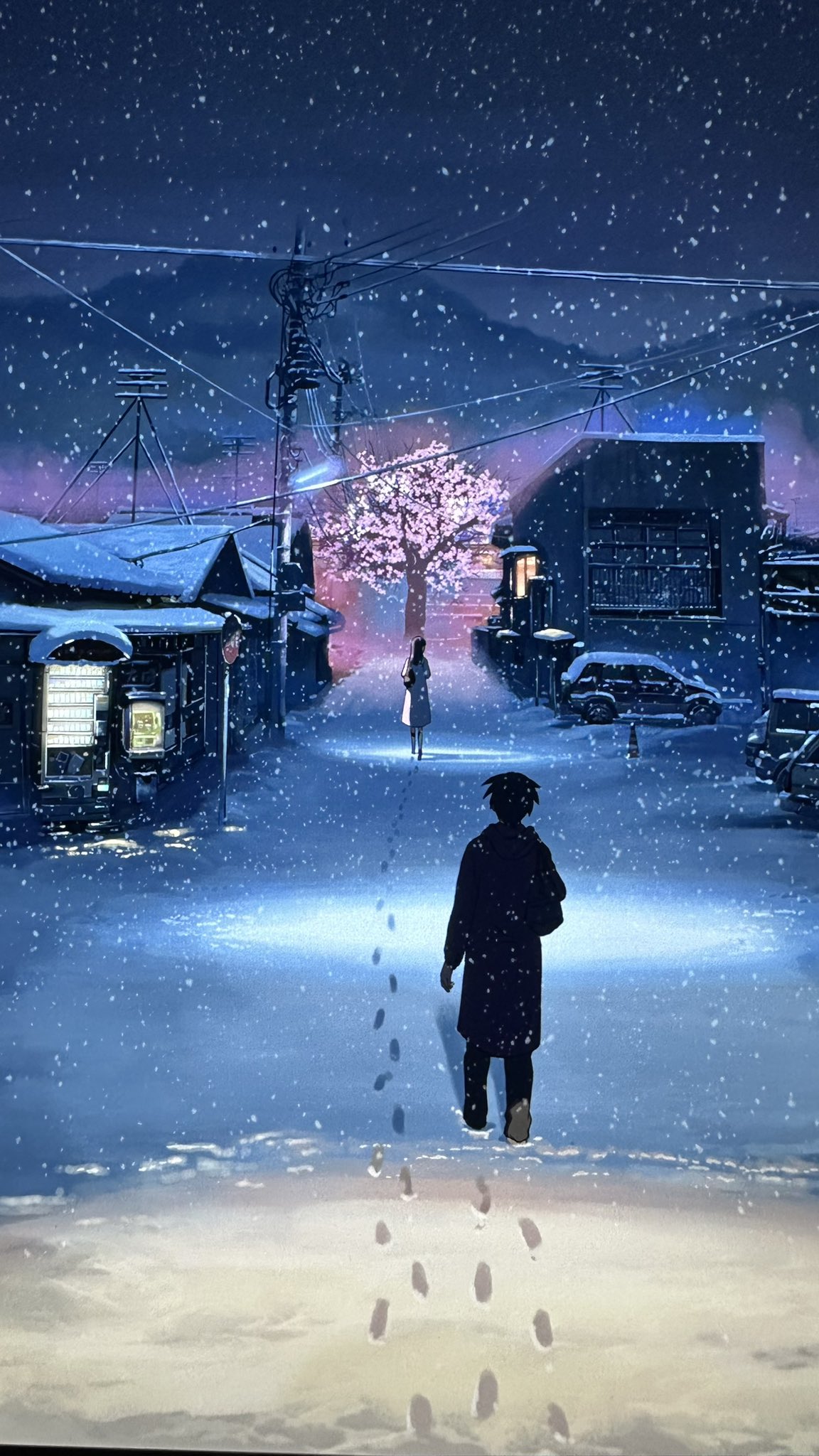 1boy 1girl building byousoku_5_centimeter car character_request coat footprints full_body highres house motor_vehicle night night_sky outdoors power_lines road scenery shinkai_makoto sky snowflakes snowing street town tree utility_pole winter winter_clothes winter_coat