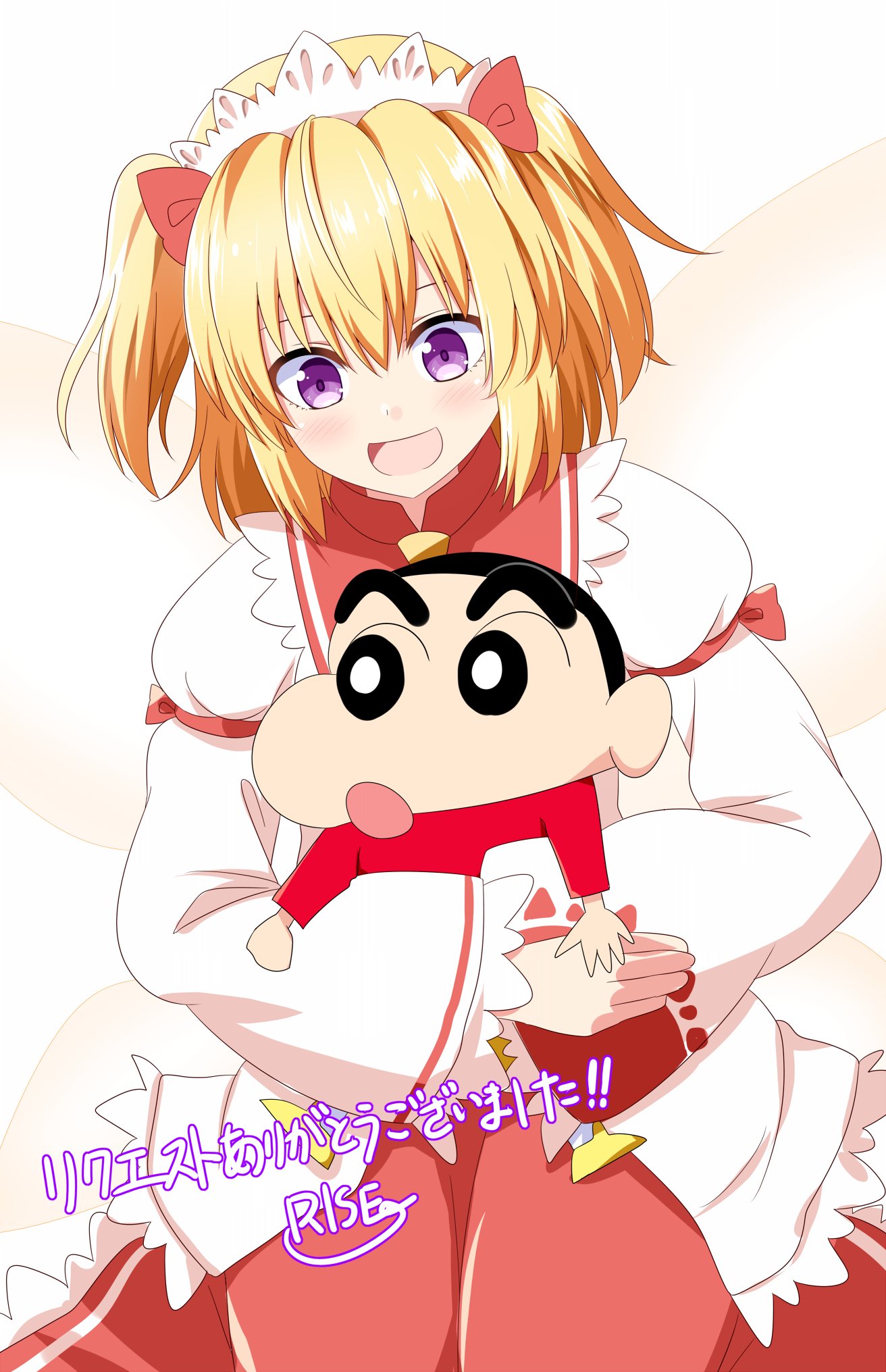 1boy 1girl :d :o anime_coloring artist_name black_hair blonde_hair blush bow carrying carrying_person cel_shading collared_dress commentary_request commission crayon_shin-chan dress fairy_wings hair_between_eyes hair_bow highres long_sleeves looking_at_another looking_down looking_to_the_side nohara_shinnosuke open_mouth red_bow red_dress red_shirt rise_(rise19851203) shirt short_hair signature skeb_commission sleeve_garter smile split_mouth sunny_milk thank_you thick_eyebrows touhou very_short_hair violet_eyes white_dress wings